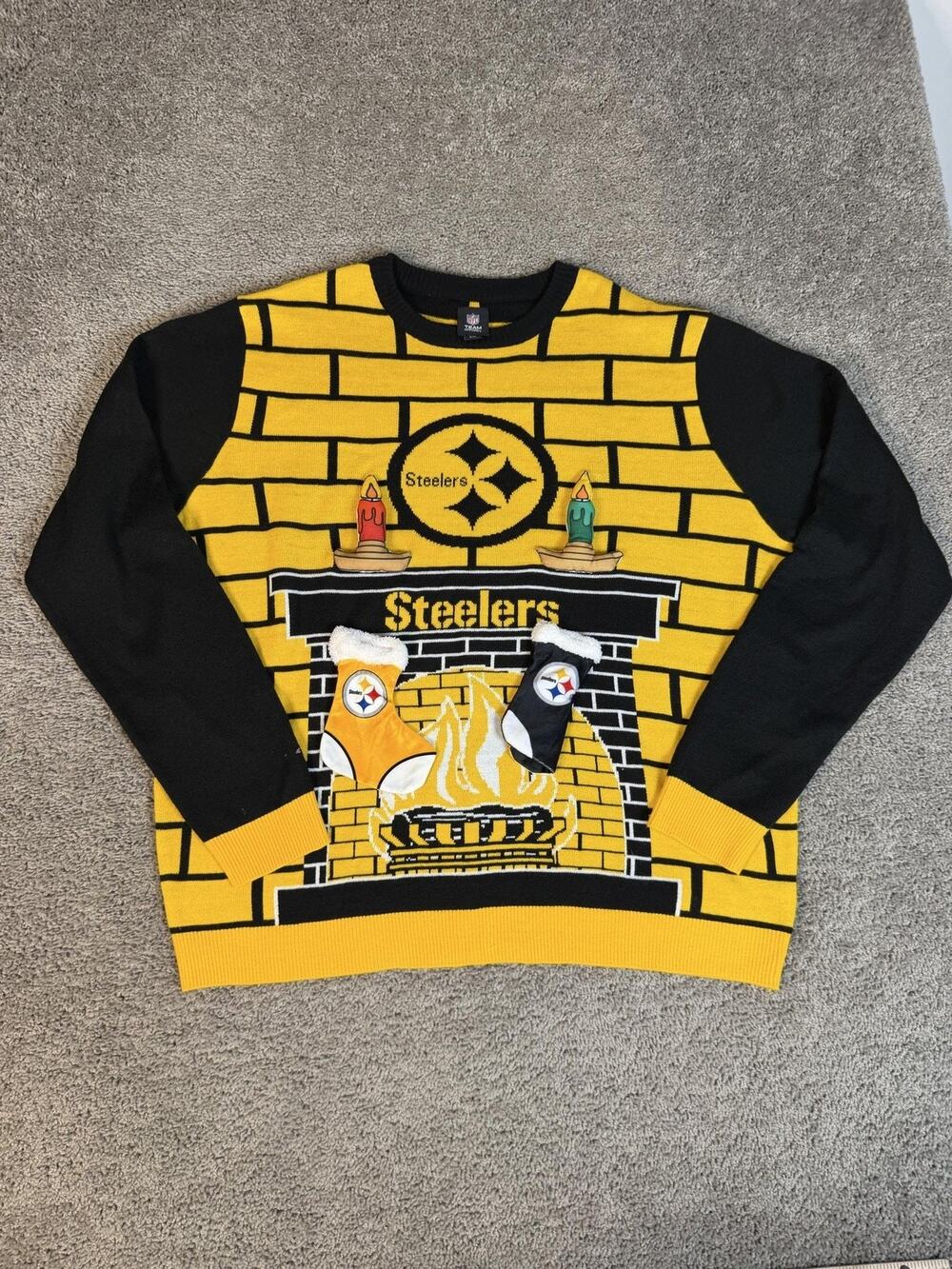 Pittsburgh Steelers Sweater Mens 2XL Christmas Yellow Black Stockings Pullover